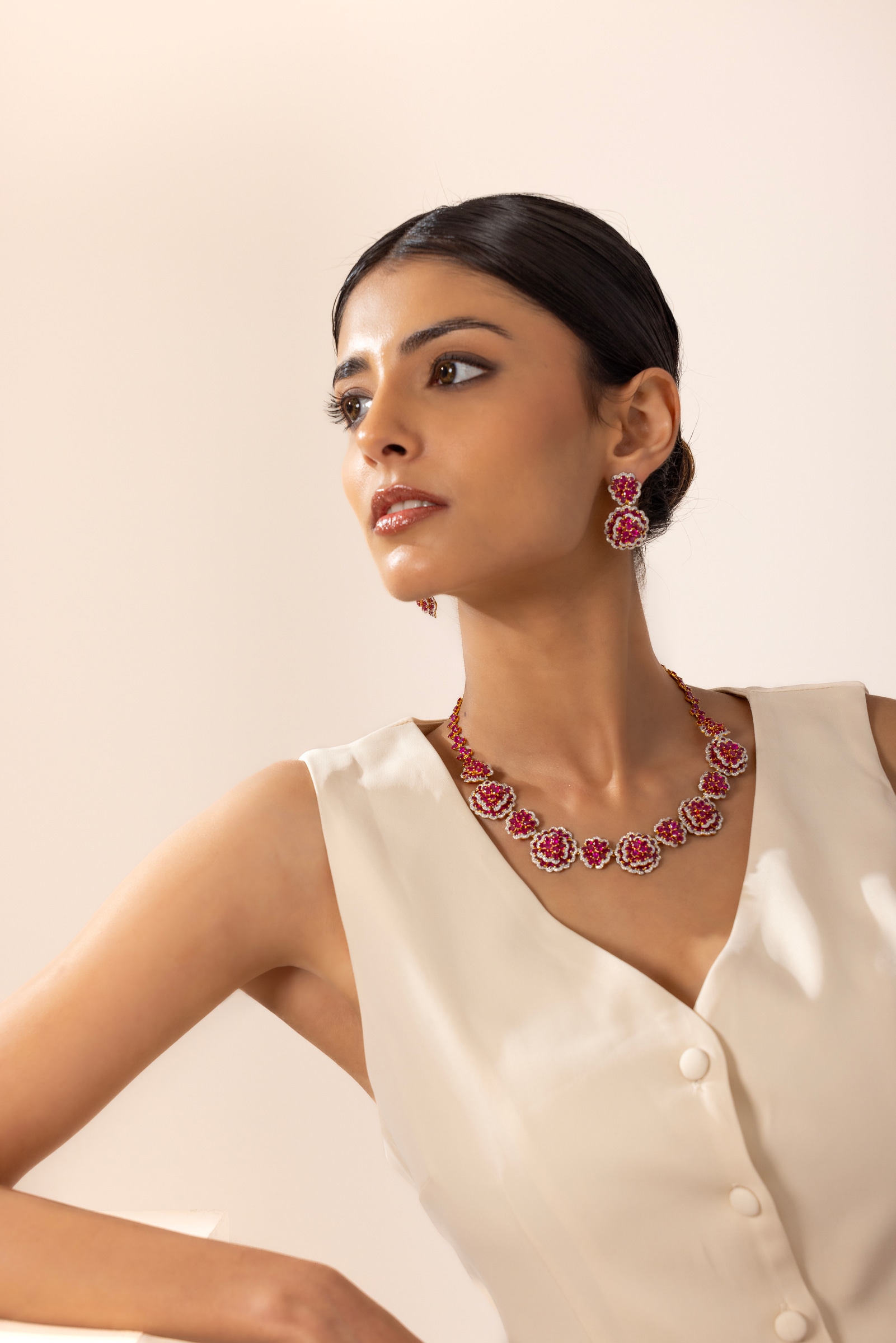 Ruby and diamond necklace and earring set